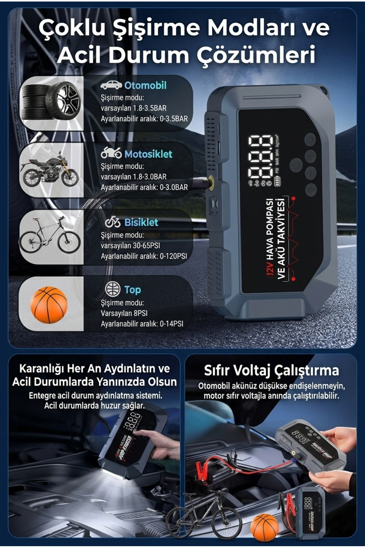 1200 Amper 12V Taşınabilir Akü Takviye Cihazı ve Kompresör - USB Girişli, Fenerli ve Pusulalı