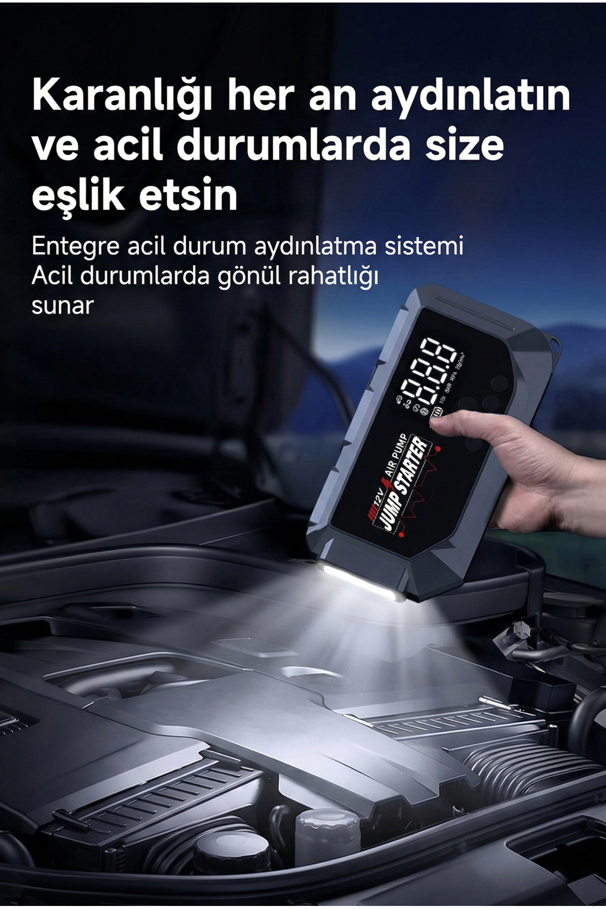 1200 Amper 12V Taşınabilir Akü Takviye Cihazı ve Kompresör - USB Girişli, Fenerli ve Pusulalı