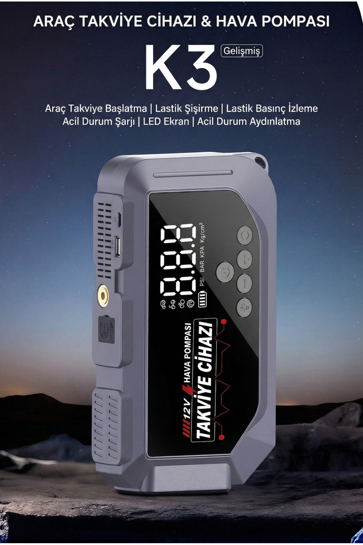 1200 Amper 12V Taşınabilir Akü Takviye Cihazı ve Kompresör - USB Girişli, Fenerli ve Pusulalı