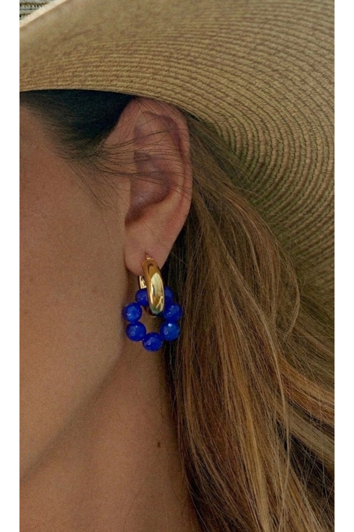 Steel Ring - Natural Stone Earrings ( Inner Diameter 1.5 Cm) Navy Blue
