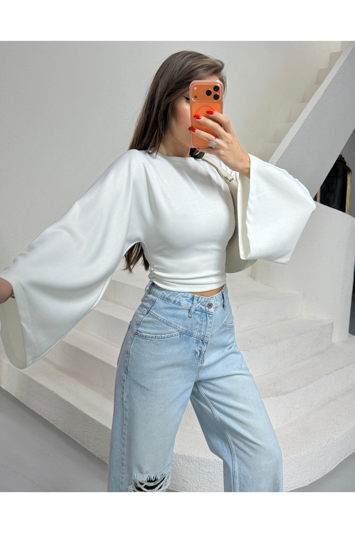 MareandCo  Salaş Kol Bele Oturan Model Bluz -Beyaz