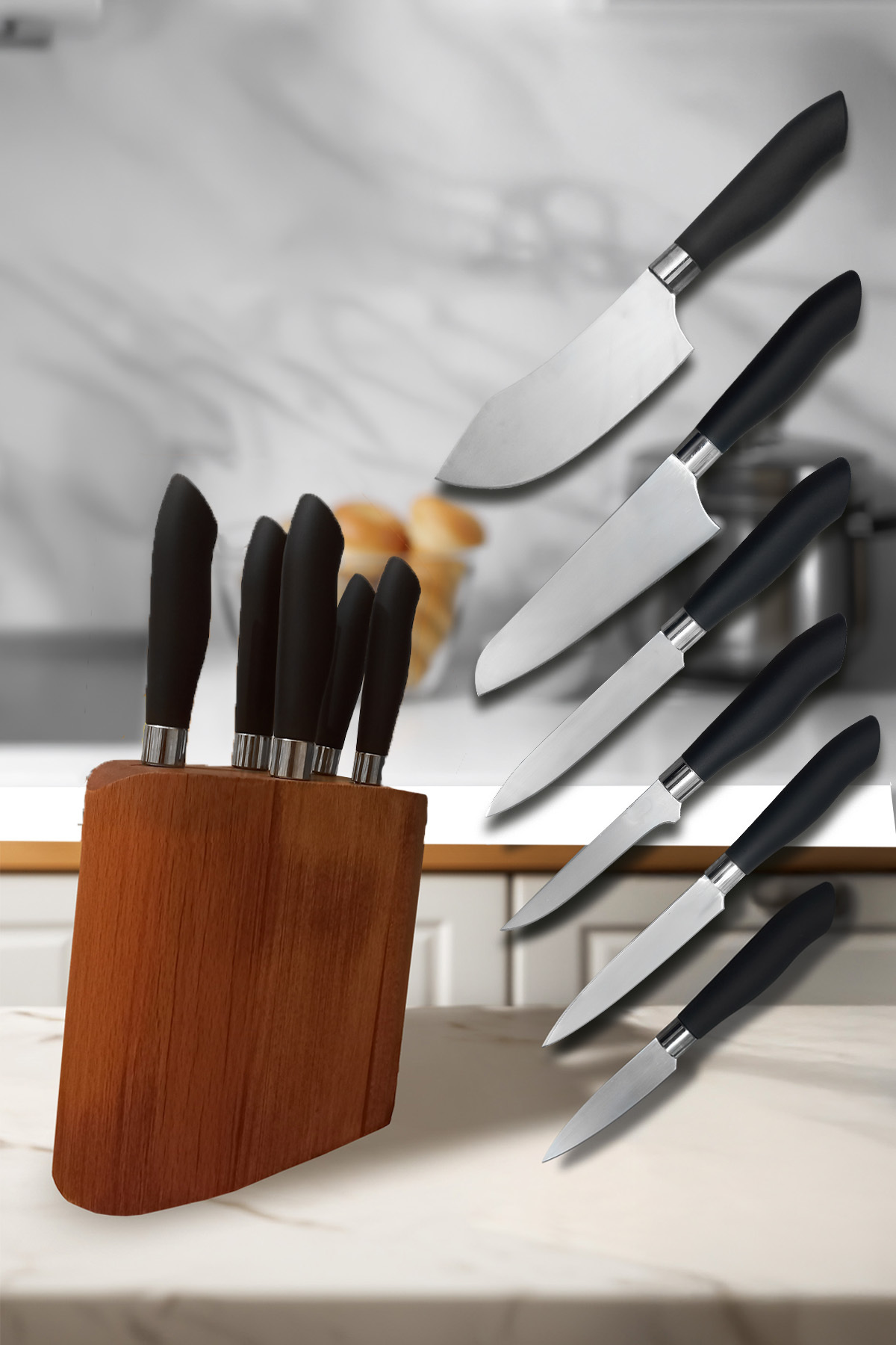 BHA Daily Use Kitchen Knives Set with Anthracite Billet - With Mini Salad Knife