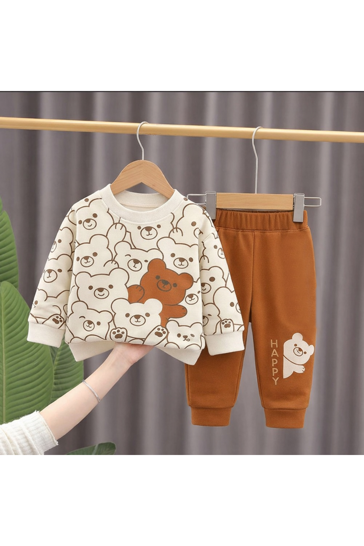 Bubito Happy Bear Visual Unisex Combed Cotton 2-Piece Top and Bottom Set-cinnamon