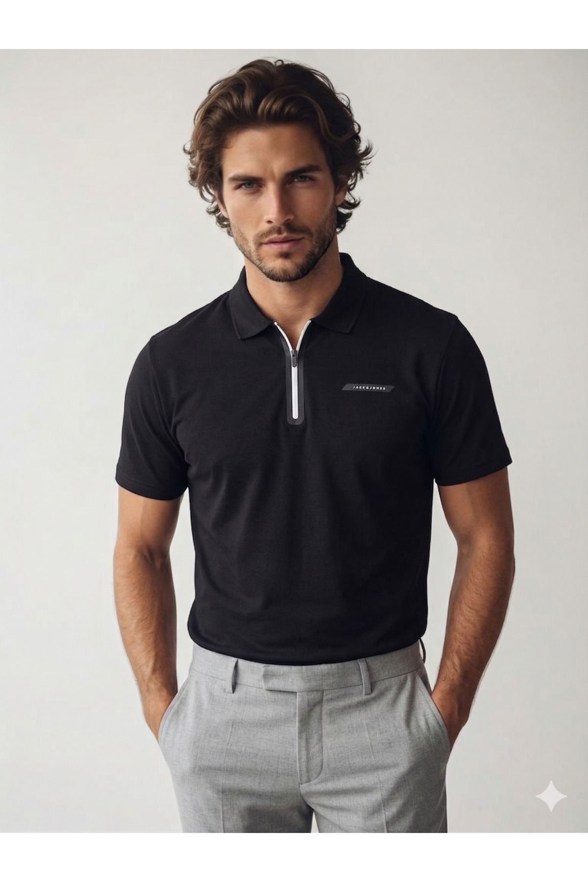 تی‌شرت مردانه یقه‌دار جک اند جونز کد ۱۲۲۷۳۱۲۷ - مشکی جک اند جونز پولوشرت Jack & Jones