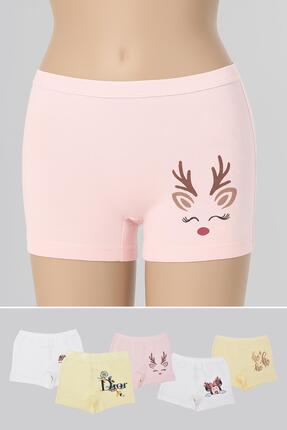 BELİNOPLUS Penye LikralıI 5 Li Paket Çok Renkli Desenli Kız Çocuk Boxer