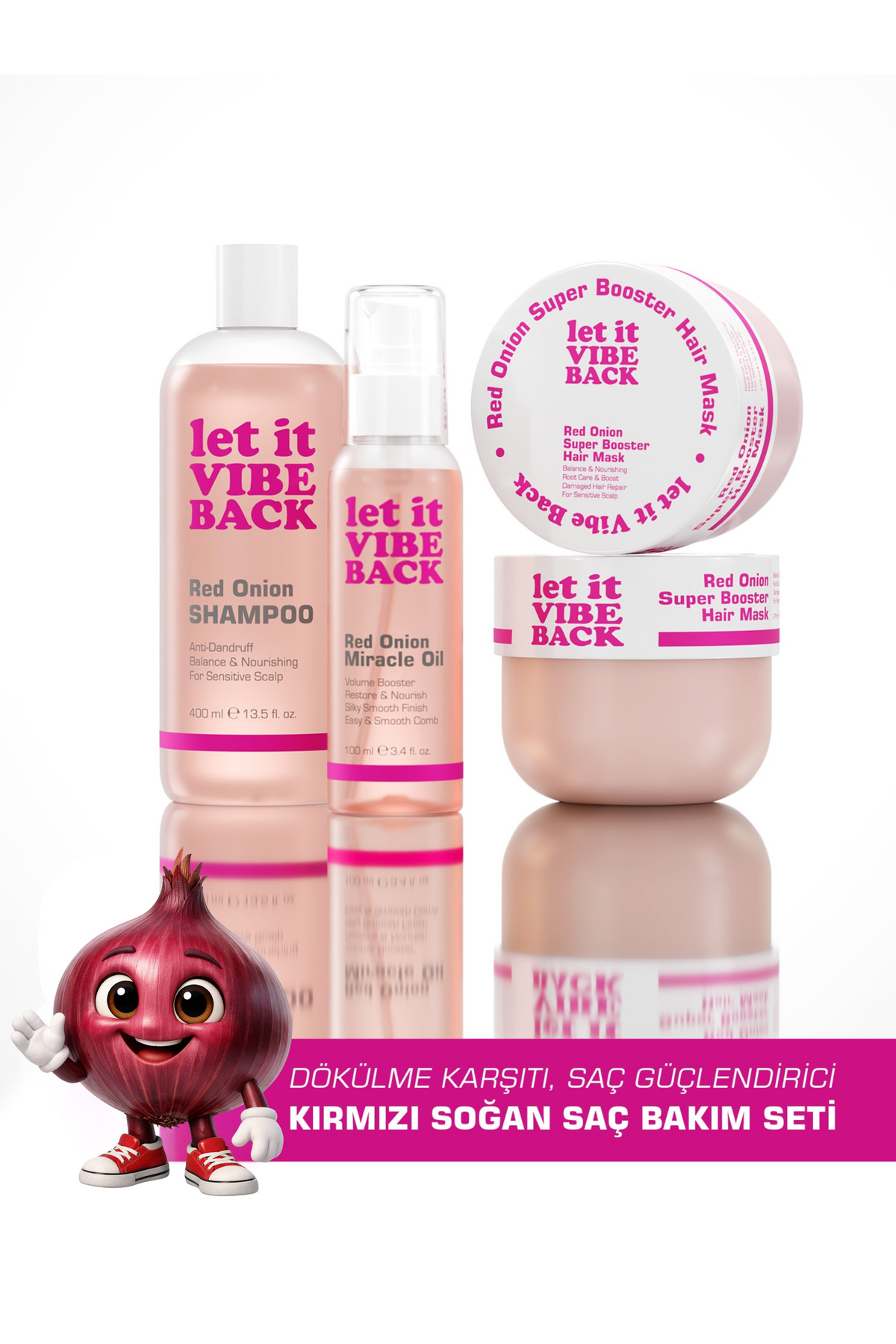 let it VIBE BACK Kırmızı Soğan Özlü Dökülme Karşıtı Saç Bakım Seti 3’lü – Şampuan 400 ml+Maske 275 ml+Serum 100 ml — LIVB-0004