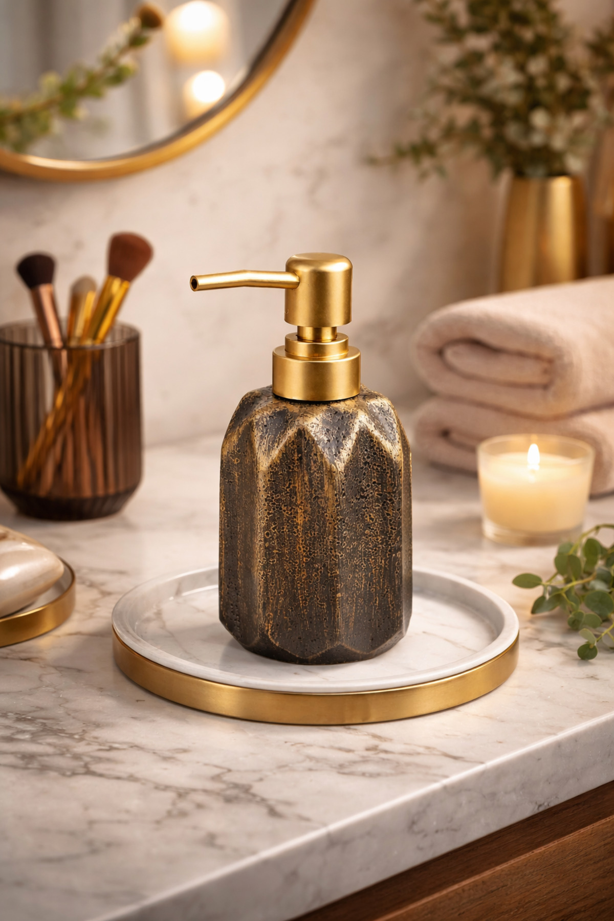 Retro Gold Detailed Antique Porcelain Liquid Soap Dispenser -Marble Countertop Compatible, Stylish Bathroom & Kitchen Soap Dispenser