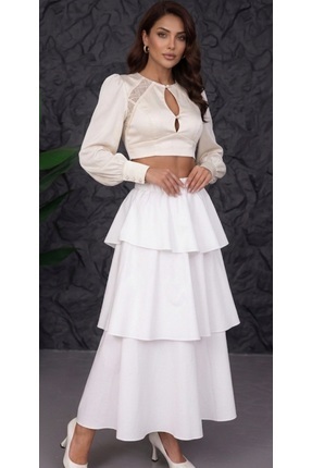 Dagü Design Kadın tesettür kat kat volanlı fırfırlı ekru poplin uzun etek