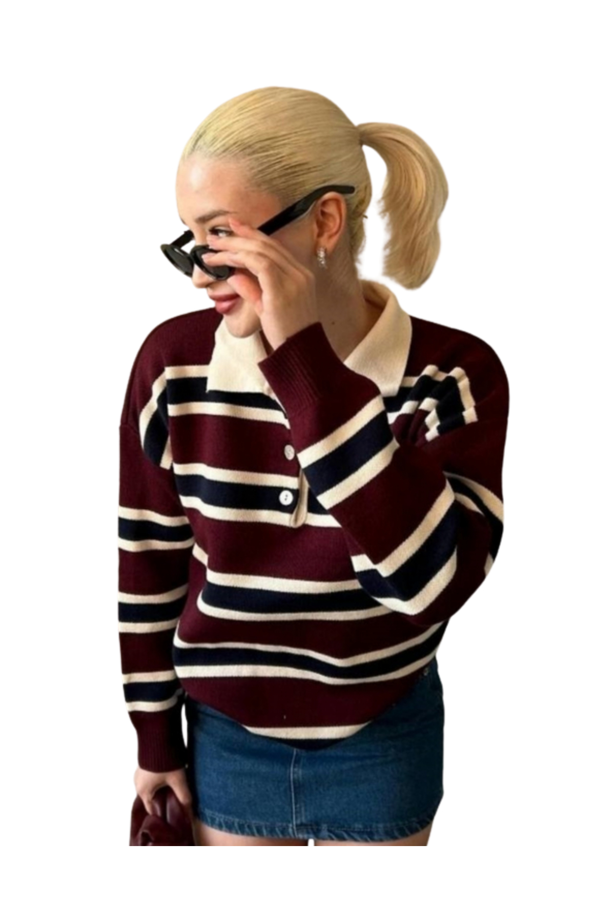 MODASPARK  Bordo Çizgili Polo Yaka Düğmeli Kadın Triko Kazak - Görsel 5