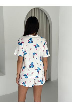 LETS BASIC Kadın Beyaz Stitch Desenli Şortlu Pijama Takımı – Rahat Kesim Yazl...