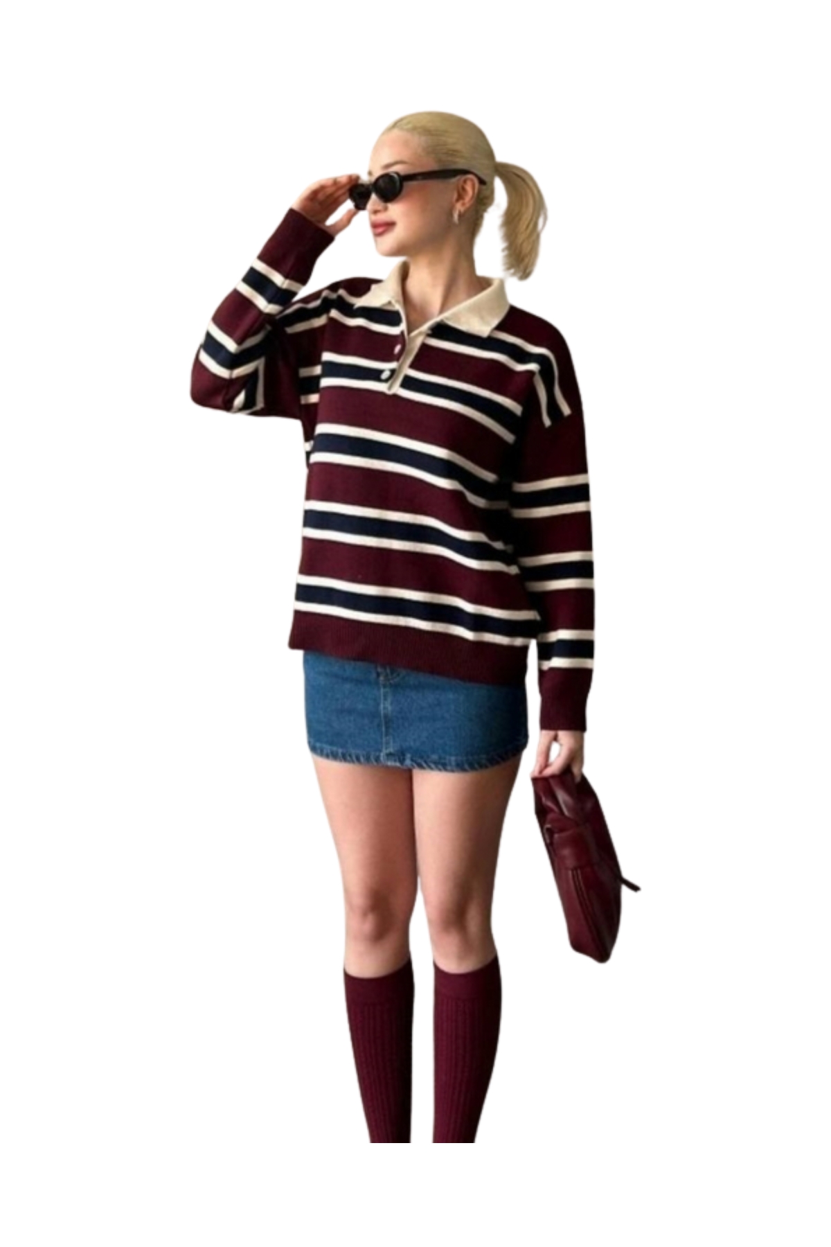 MODASPARK  Bordo Çizgili Polo Yaka Düğmeli Kadın Triko Kazak - Görsel 7