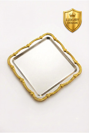 AKSESUAR EVRENİ Daztek Gümüş Paslanmaz Çelik Gold Çerçeve Kahve Sunum Tepsisi...