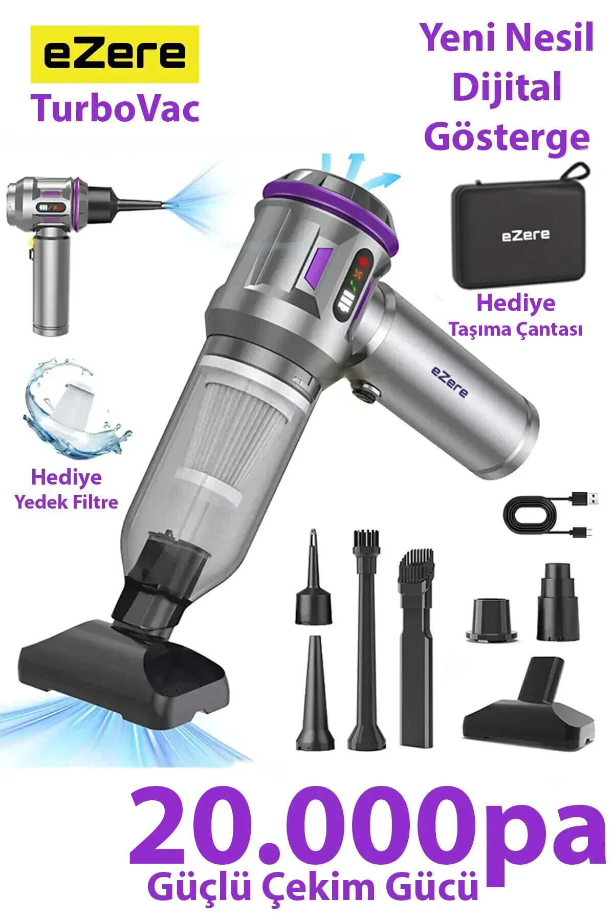 EZERE TurboVac 20000pa Güçlü Dijital Göstergeli Vakumlu Kablosuz