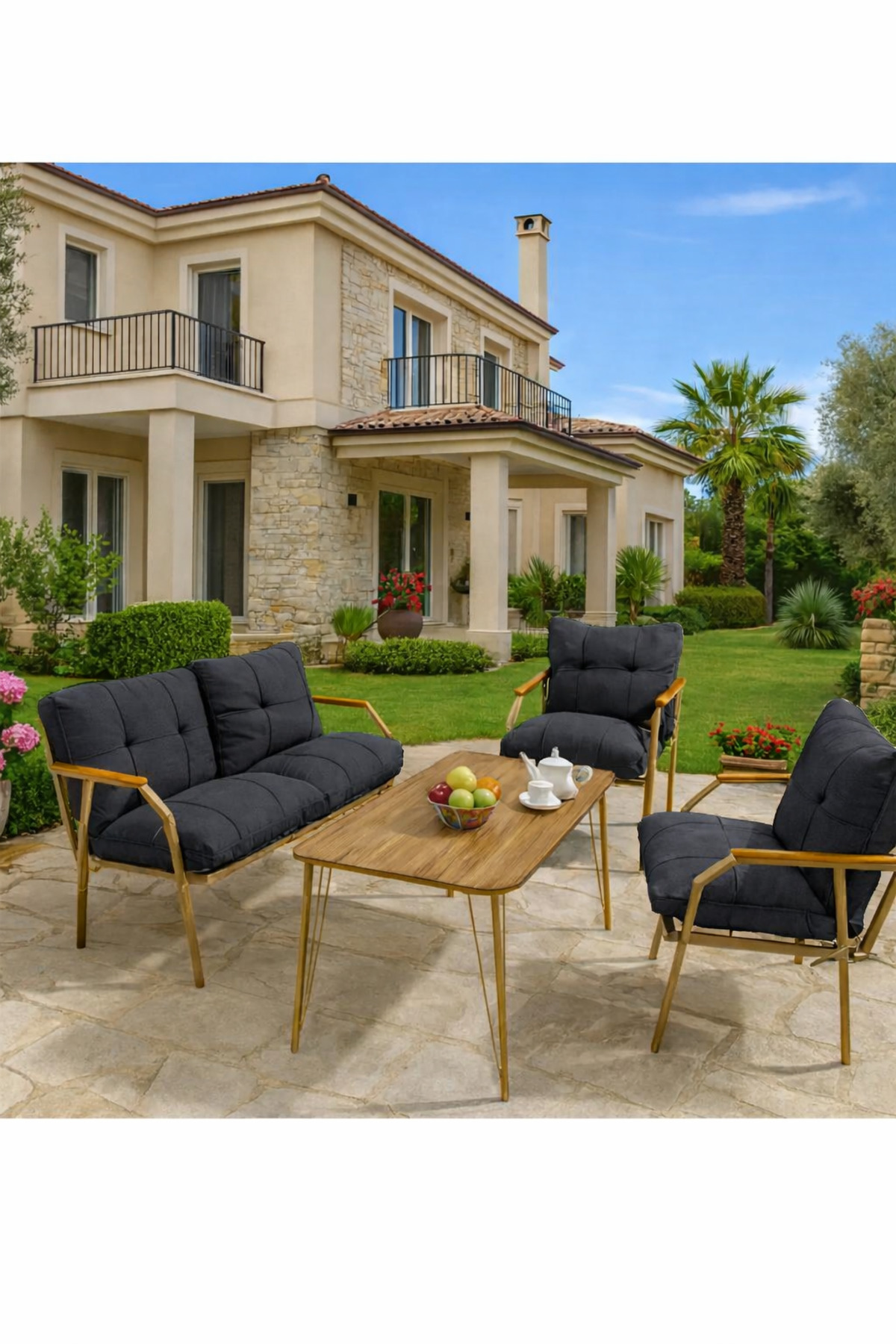 Cappuccino 211 Table Anthracite Zipper Garden Balcony Set, Cafe-Metal Sofa Seat Set