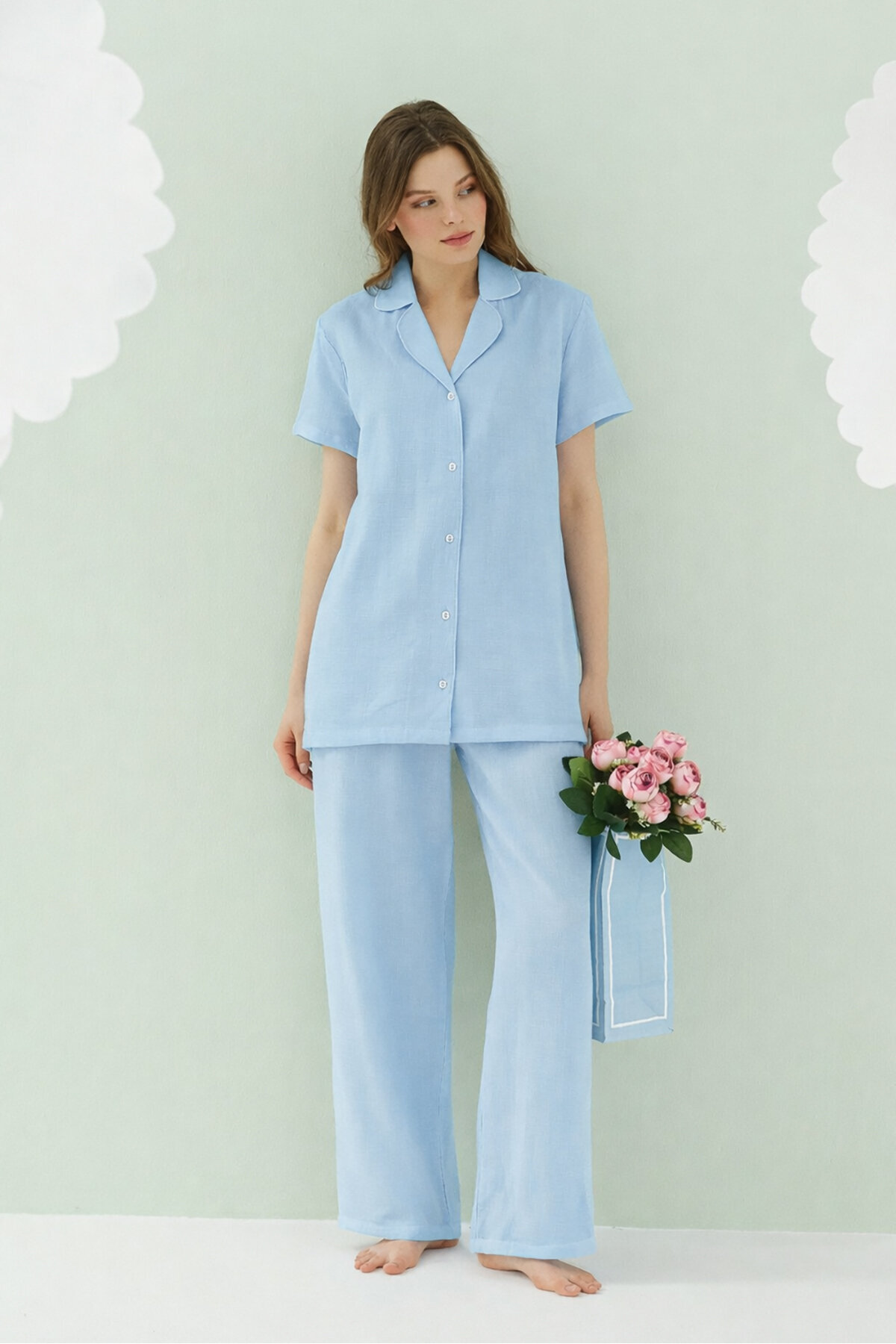Muslin Fabric, 100% Cotton, Short Sleeve, Front Button, Shirt Collar, Women's Pajama Set