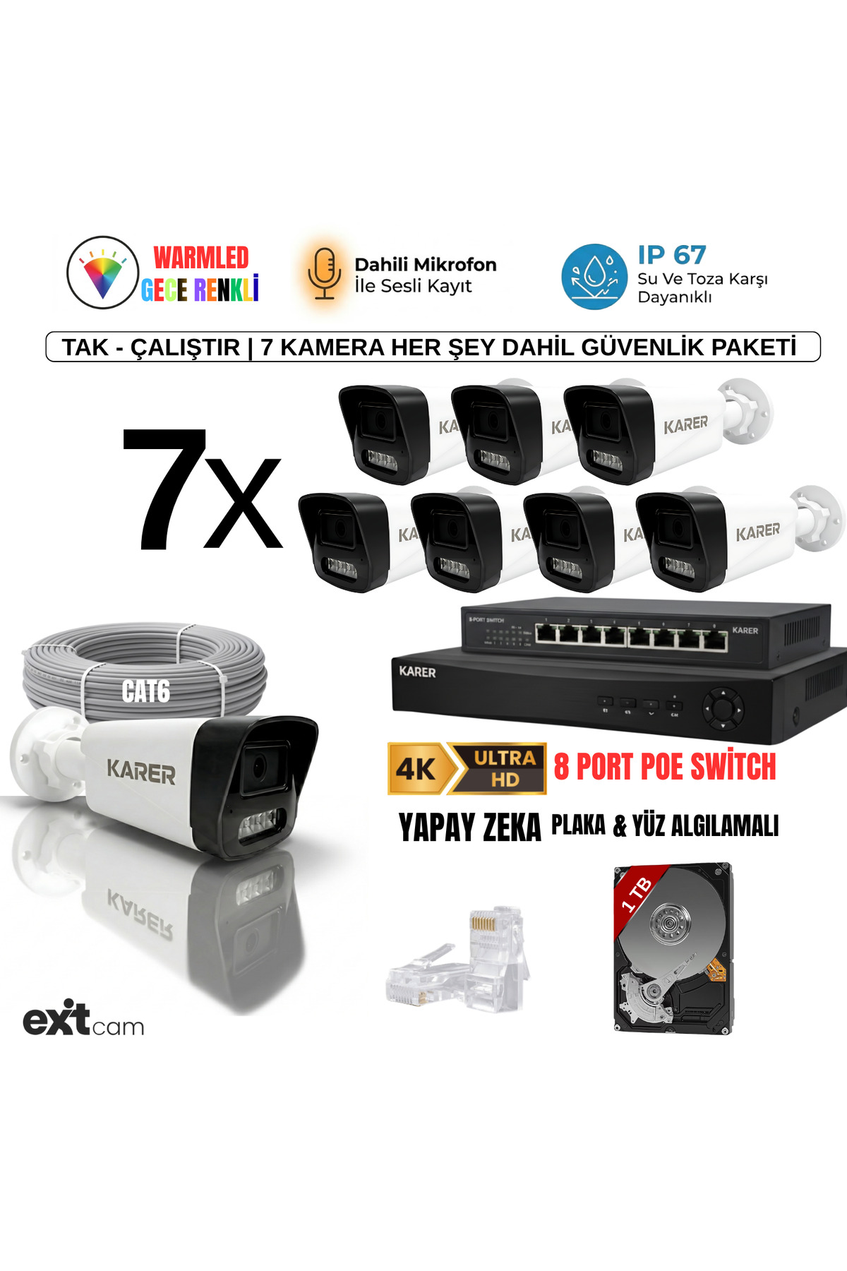 7'li IP-5MP-POELİ-SESLİ -GECE RENKLİ- SU GEÇİRMEZ- FULL HD-1TB-Güvenlik Kamera Seti