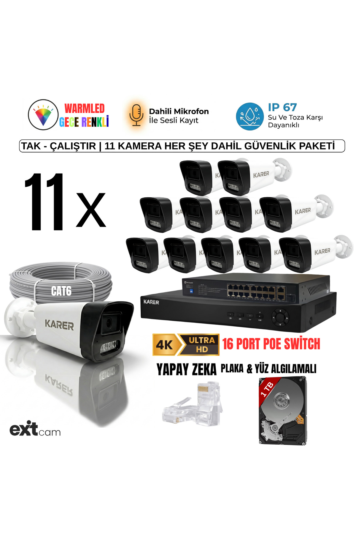 11'li IP KAMERA-POELİ-5MP-ULTRA HD-4K 1920 ÇÖZÜNÜRLÜK-SESLİ-GECE RENKLİ GÖRÜŞ-İNSAN ve PLAKA ALGILAM