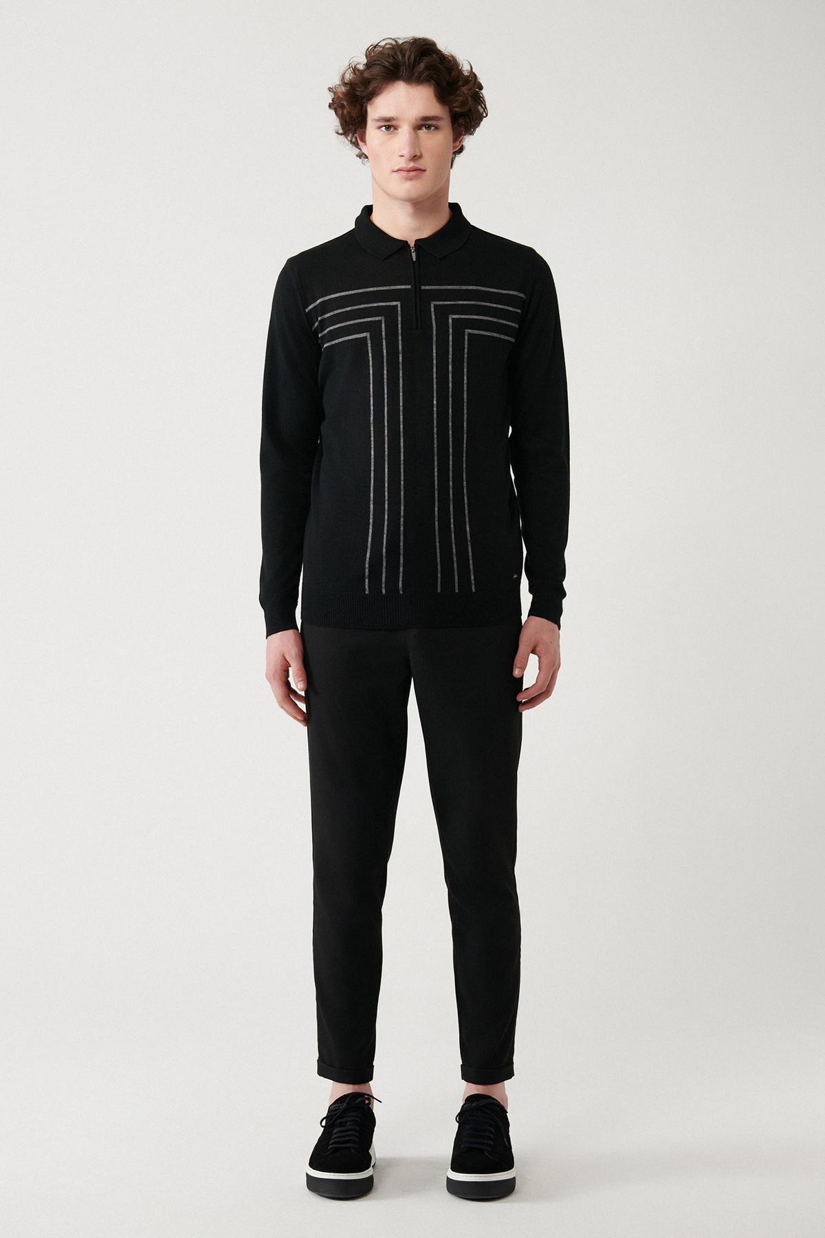 Avva  Erkek Siyah Polo Fermuarlı Yaka Çizgi Detaylı Kazak A32Y5094 - Görsel 6