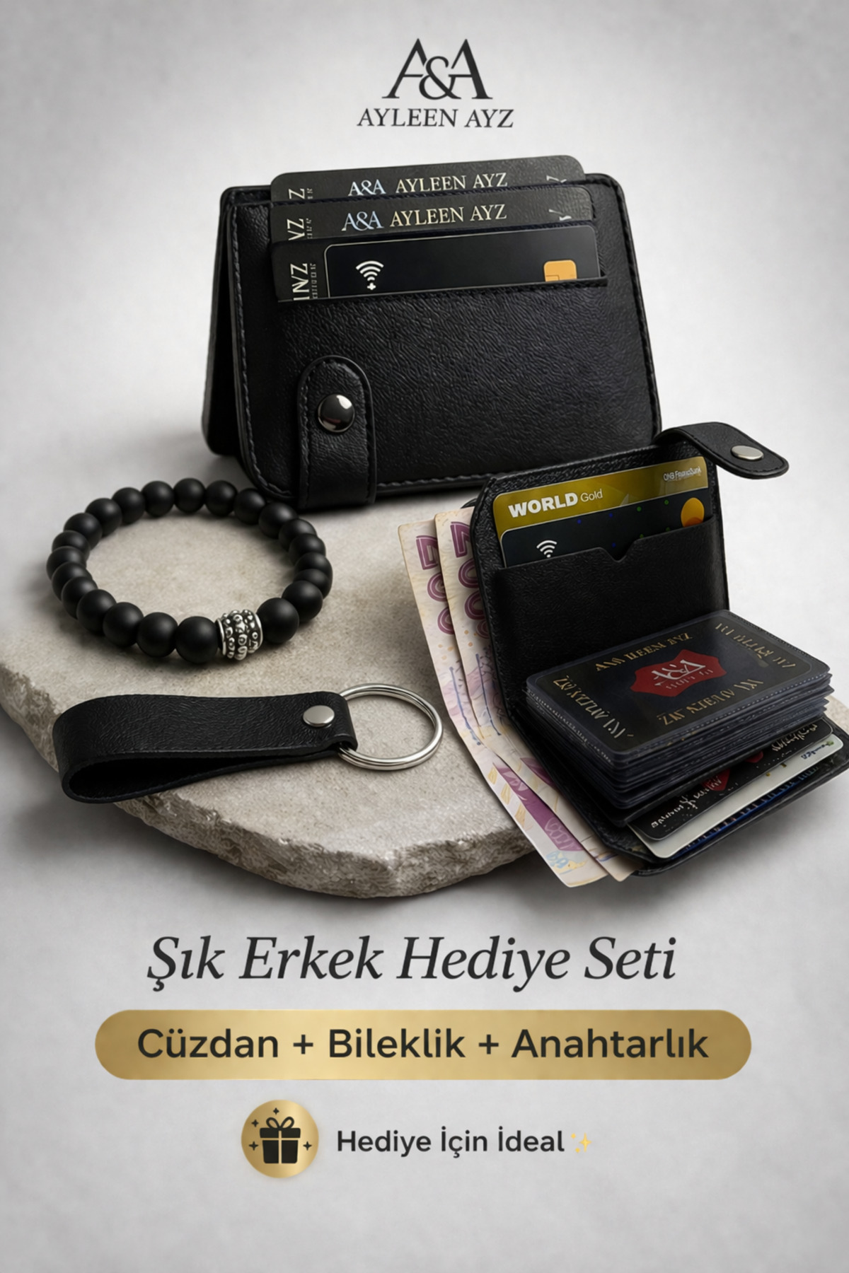 Men's Black Card Holder Wallet Bracelet and Keychain Gift Set (with Gift Box)