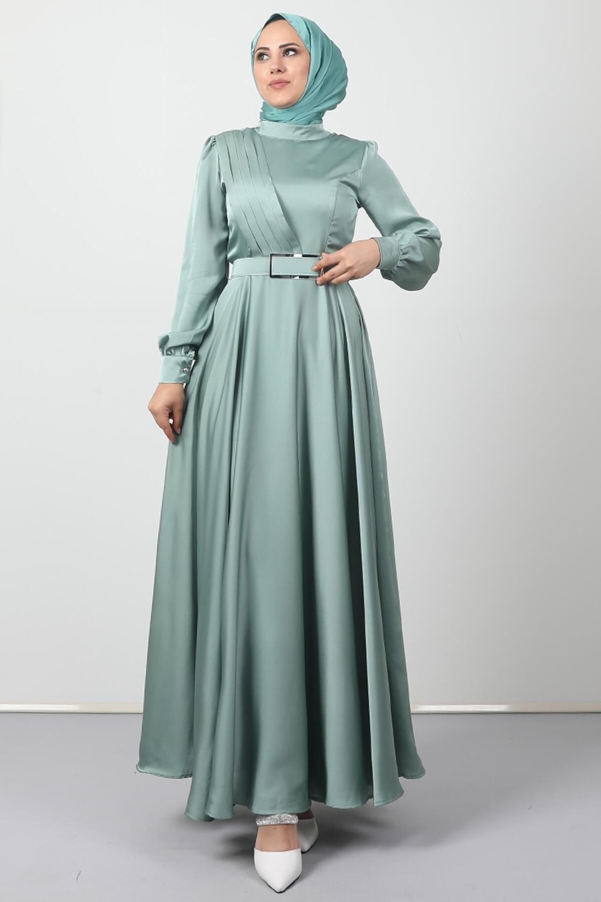 Pleated Front Modest Evening Dress Water Green