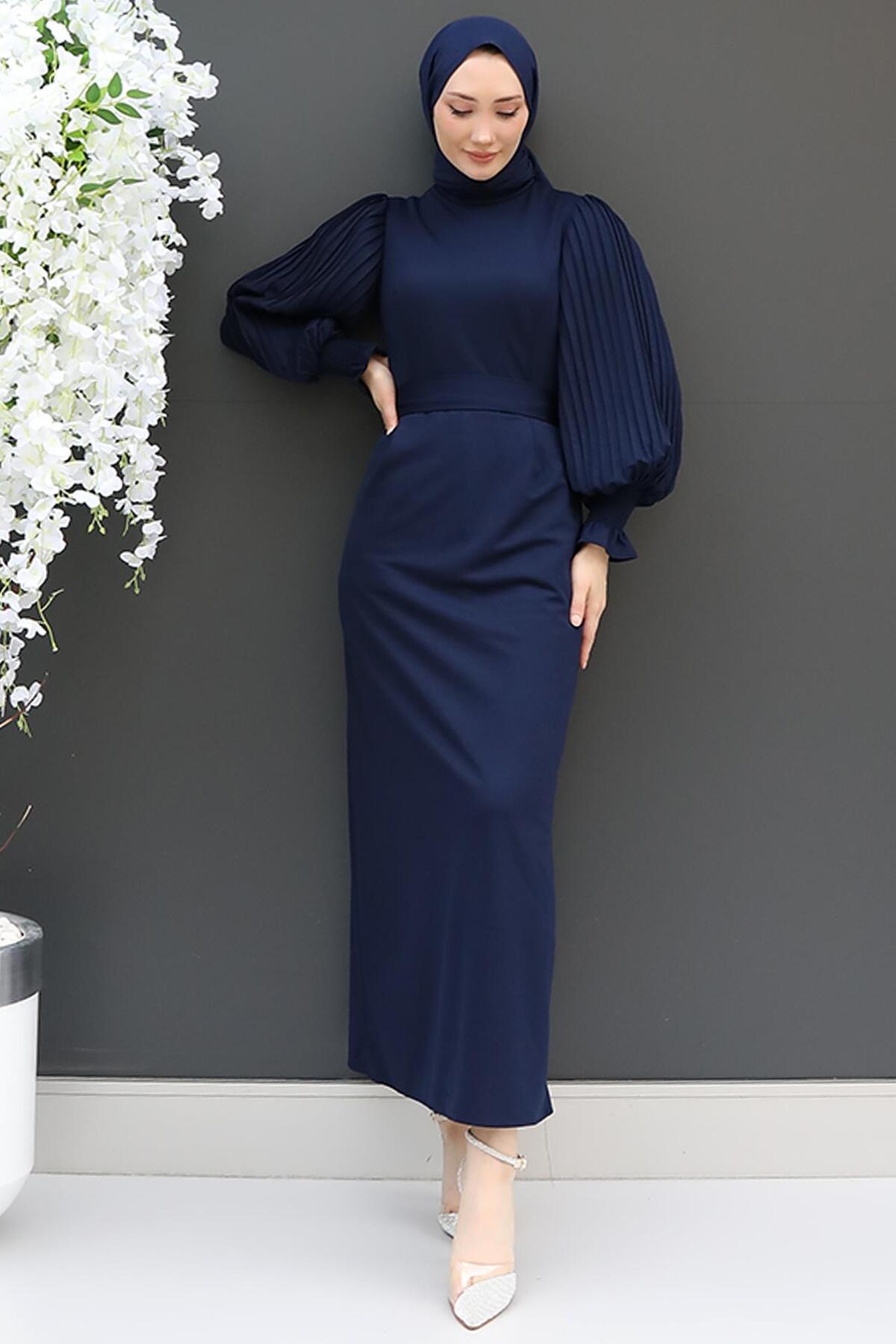 Pleated Sleeve Guipure Dress Navy Blue