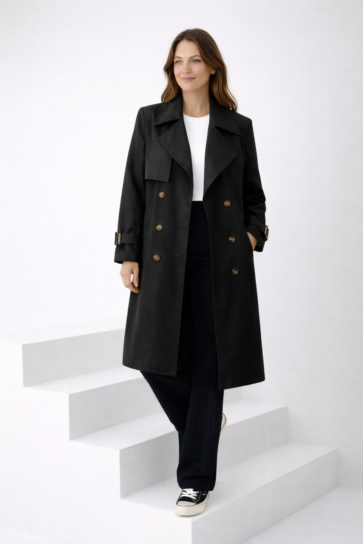 PENGORA  Kadın Siyah Uzun Trençkot Kuşaklı Düğmeli Kol Kemerli Su ve Rüzgar Geçirmez Şık Dış Giyim - Görsel 2