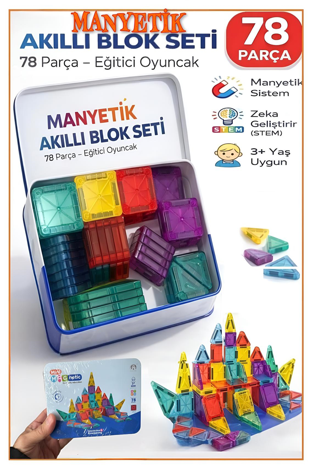 Hyd Manyetik Yapı Blokları Metal Kutulu Mini Boy Mini Ölçüler 3cm-6cm Ebatında 78 Parça Eğitici Oyuncak fotoğrafı 2 (önizleme)