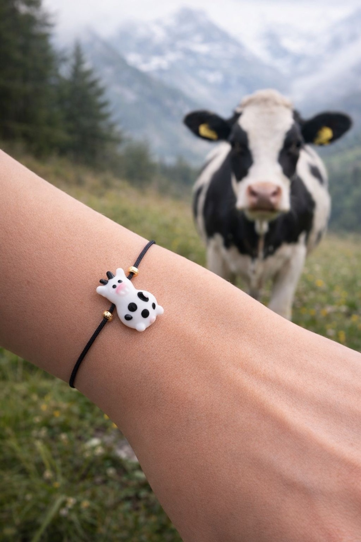 Cow Glass Murano Bracelet Black String Bracelet