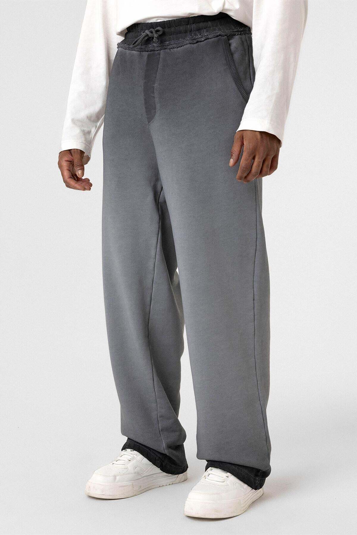 VAMOSCLO  Yıkamalı Renk Geçişli Oversize Eşofman Altı Siyah - Görsel 3