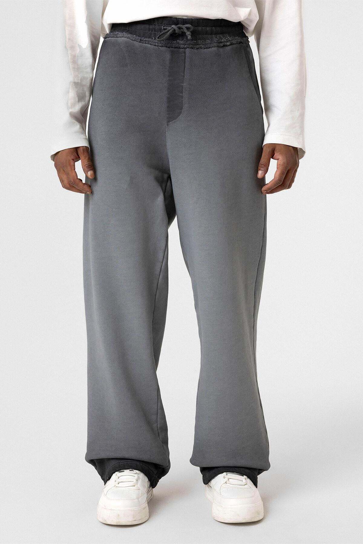 VAMOSCLO  Yıkamalı Renk Geçişli Oversize Eşofman Altı Siyah - Görsel 6