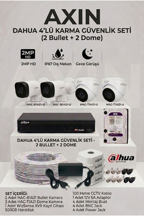 Dahua 4 Kameralı Güvenlik Seti - 2 Dış Mekan Bullet 2 İç Mekan Dome - Full Pa...