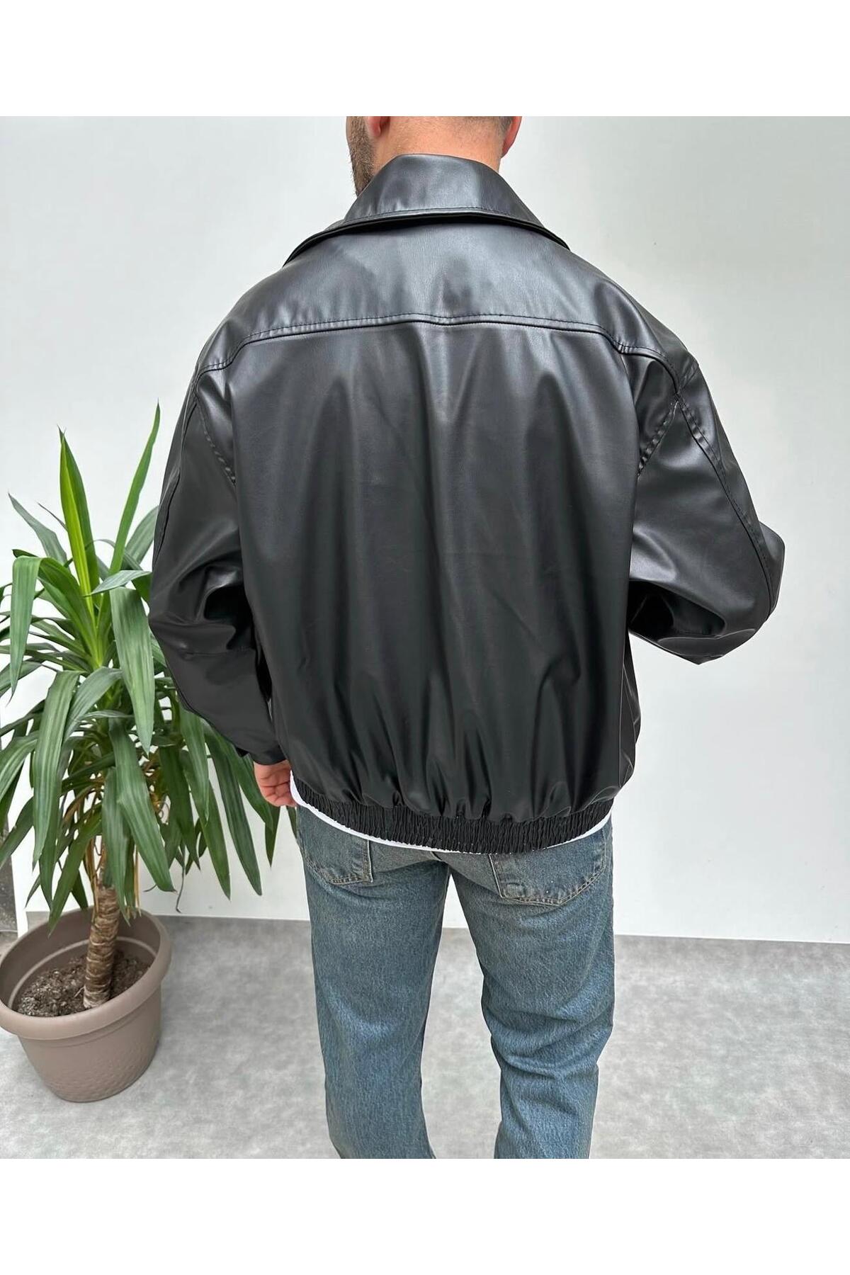 Genel Markalar  Yeni Sezon Erkek Oversize İç Astarlı Deri Ceket - Görsel 2