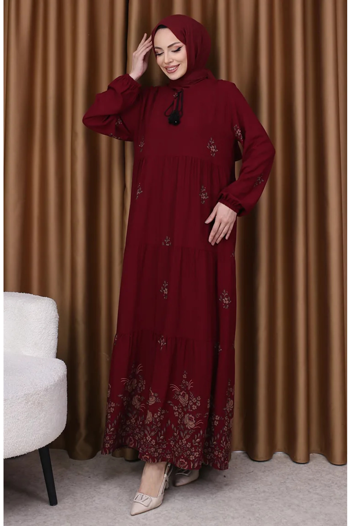 sefamerve Patterned Viscose Dress 4083-11 Burgundy