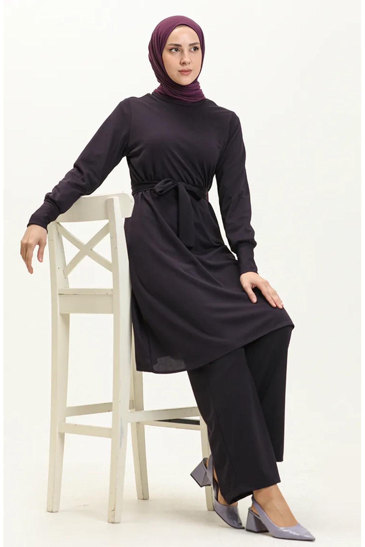 sefamerve Kuşaklı Tunik Pantolon İkili Takım 0690-02 Mor