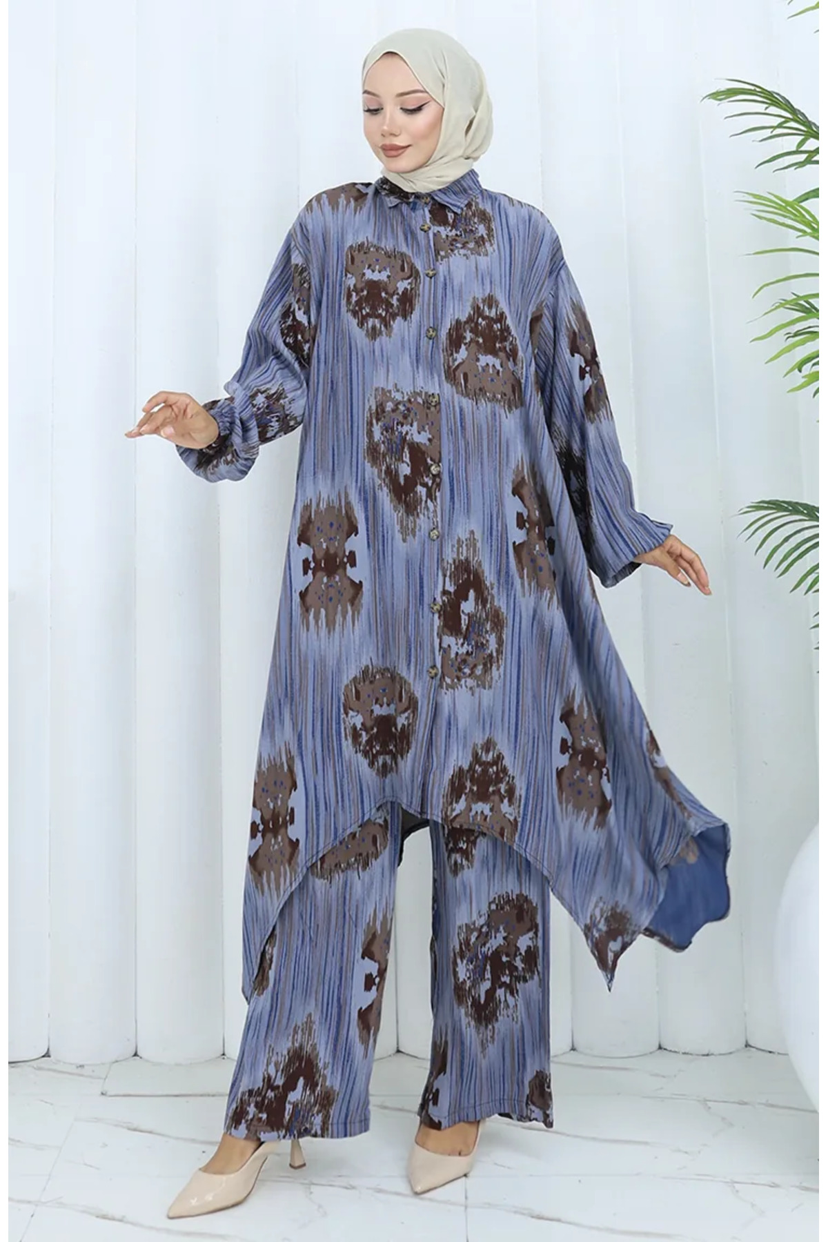 sefamerve Viscose Fabric Tunic Trousers Double Set 2143-05 Navy Blue