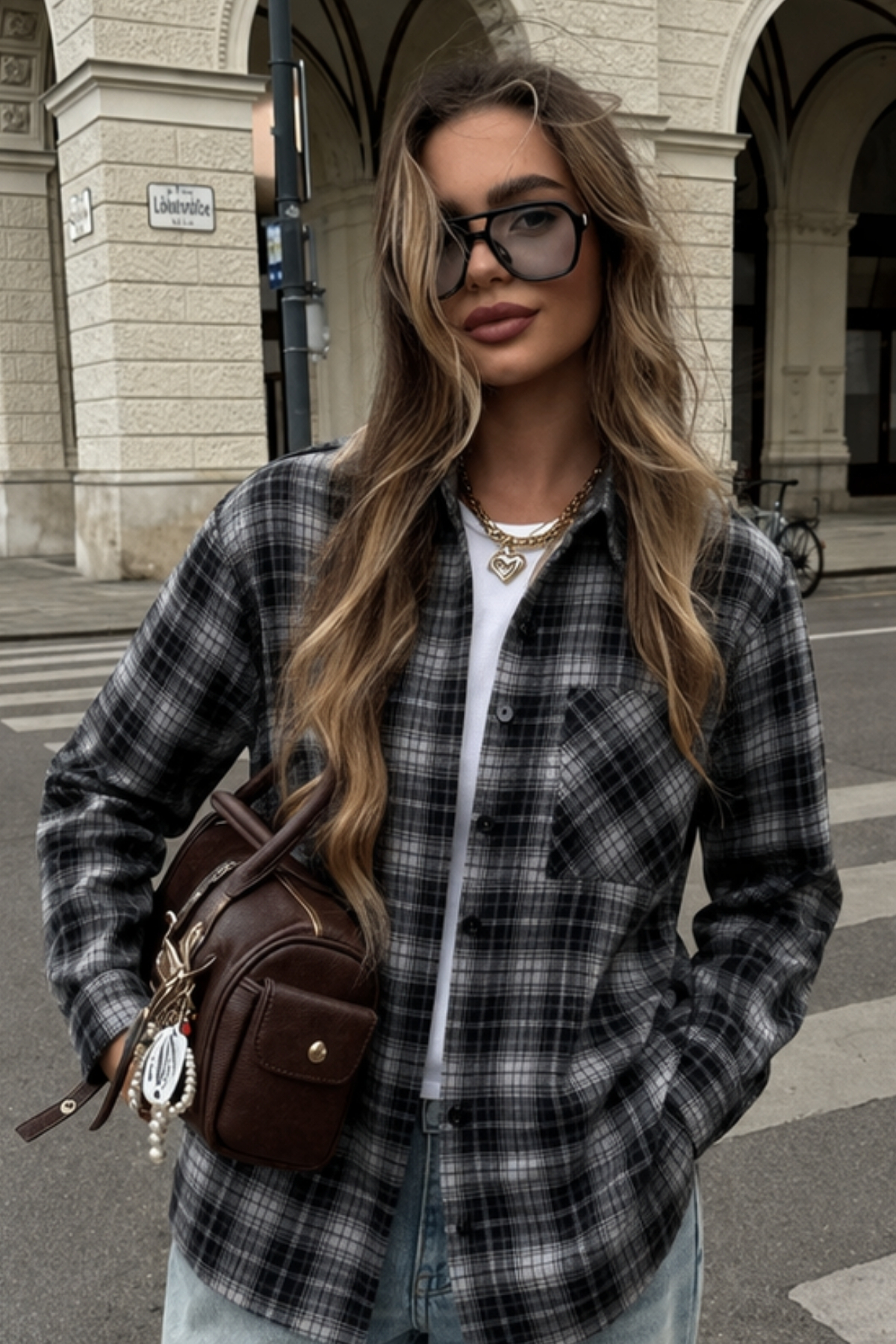 Hola Lady  Siyah Ekose Over Fit Gömlek HL7229