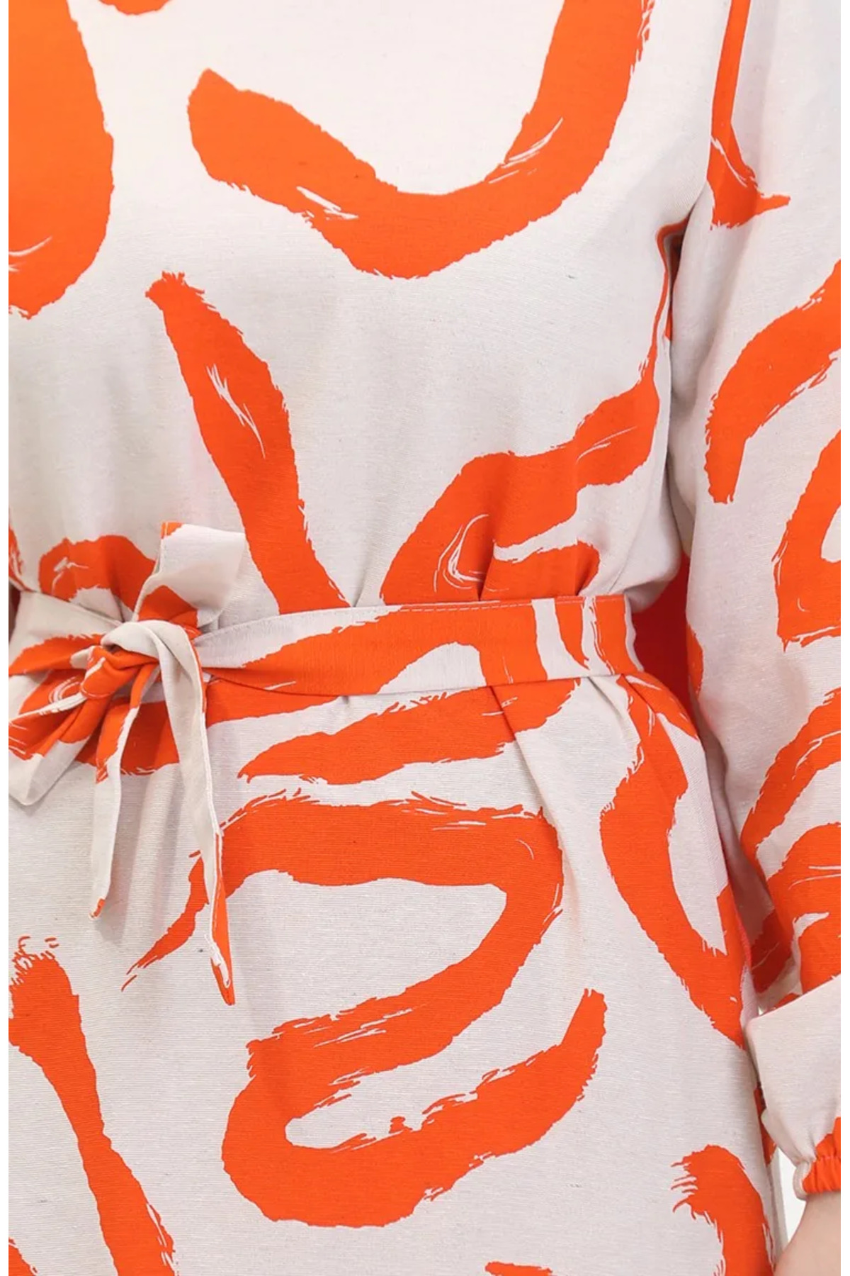 sefamerve  Desenli Kuşaklı Keten Elbise 0471A-07 Bej Turuncu - Görsel 4