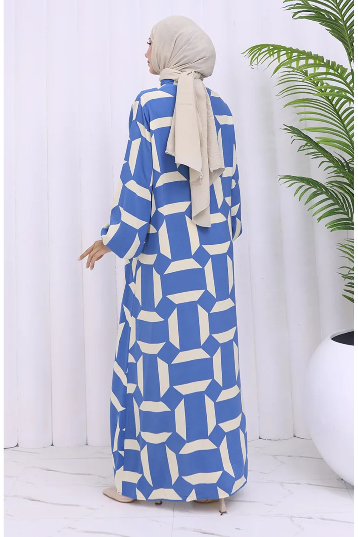sefamerve Viscose Fabric Buttoned Patterned Dress 2030-04 Indigo Beige-  Trendyol