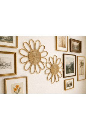 Avsar Home&Decor Doğal Rattan Çiçek Desenli 2’li Duvar Süsü – El Yapımı Dekor