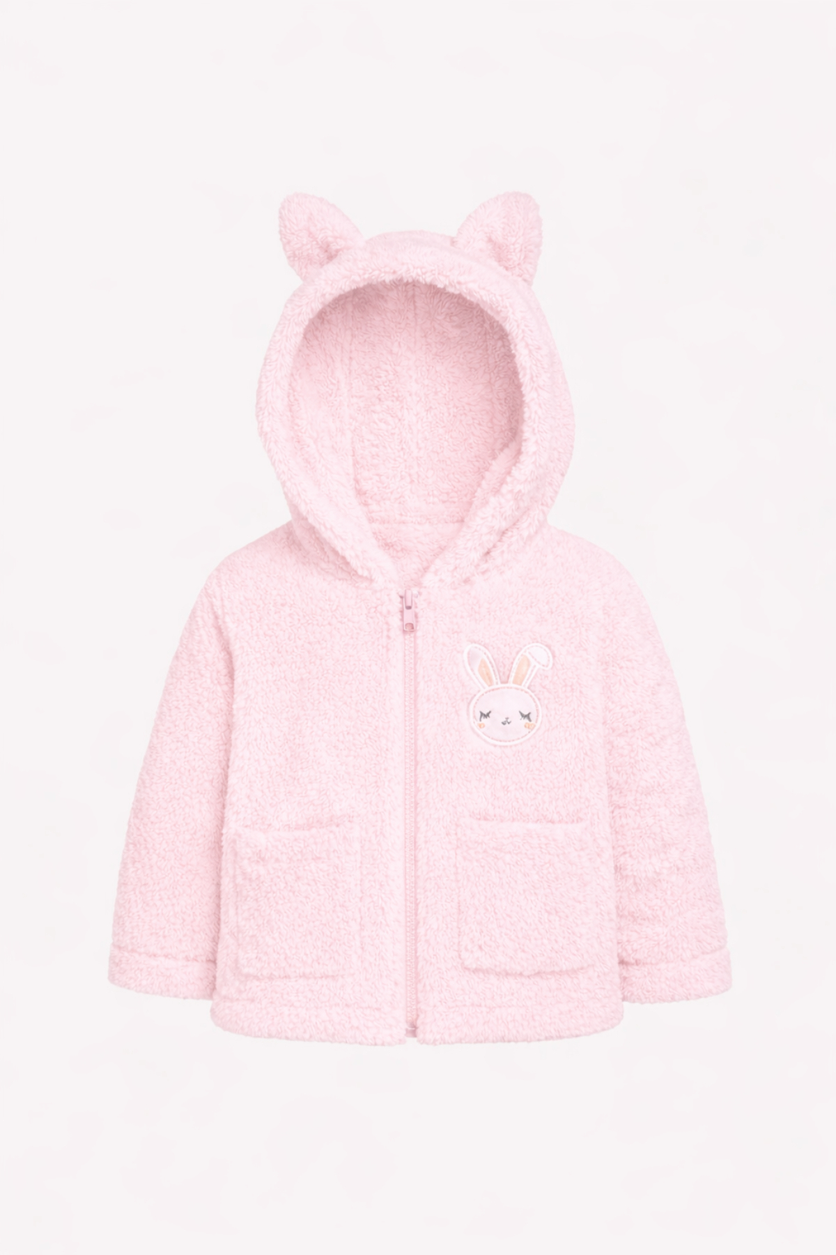 Bubito Tavşan Nakışlı Fermuarlı Cepli Kız Bebek Peluş Welsoft Kışlık Hırka-Pembe fotoğrafı 2 (önizleme)