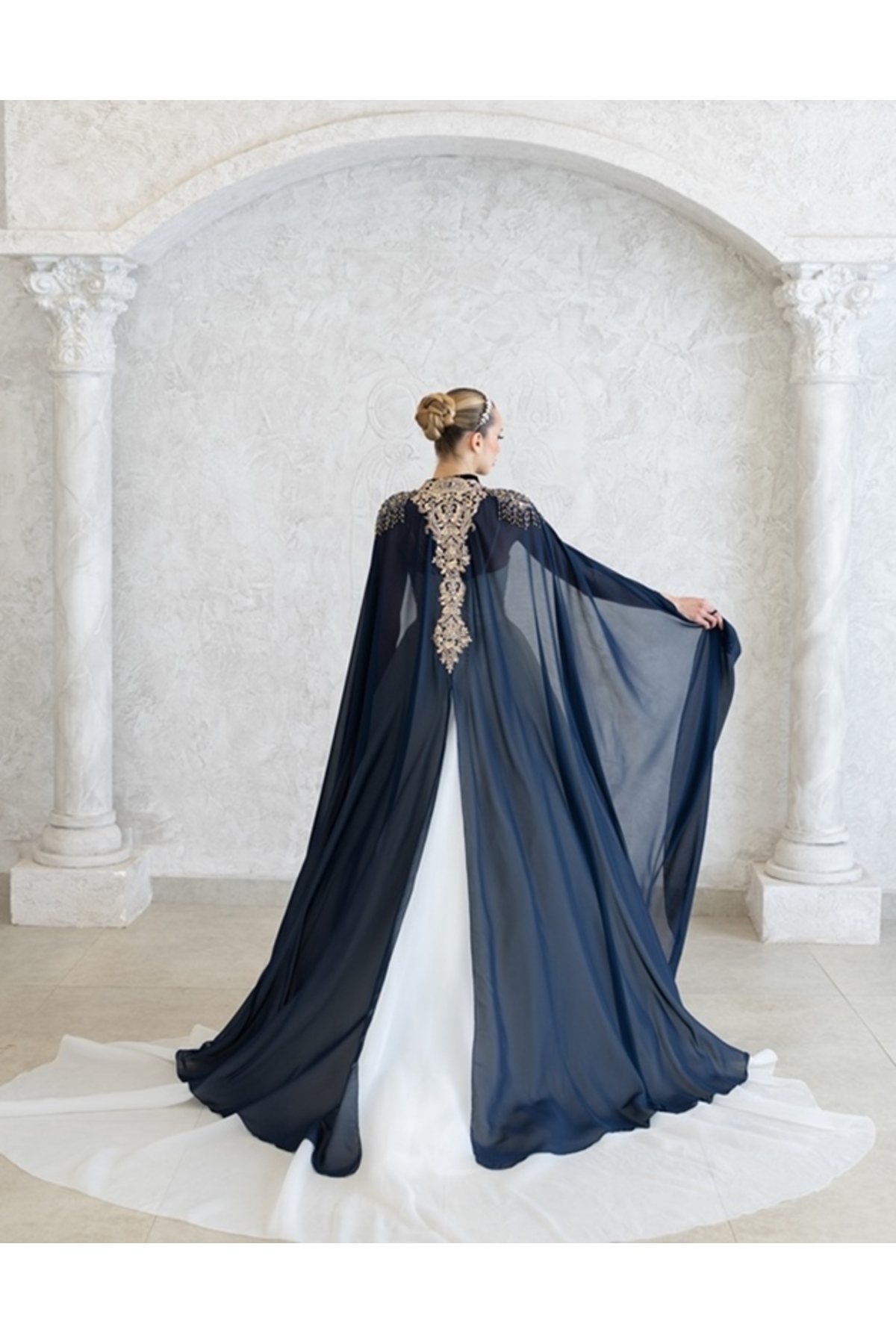 NEW GENERATION BİNDALLI-KAFTAN- CLOAK ON WEDDING DRESS -CHIFFON CLOAK-HENNA DRESS-CLOAK NAVY BLUE