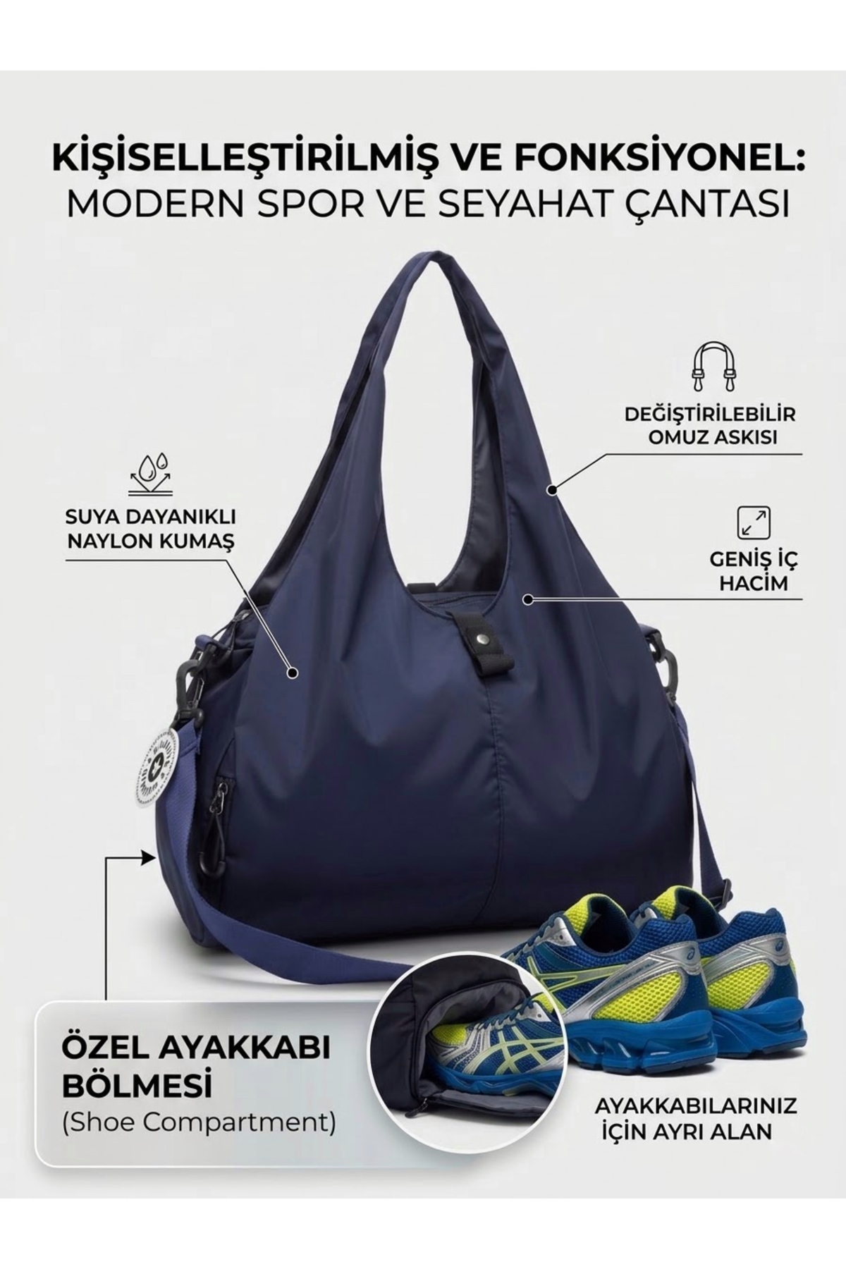 Vuslat Bags Kadın Spor ve Seyahat Çantası Su Geçirmez Naylon Ayakkabı Bölmeli Geniş Hacimli Fitness Omuz Çantas
