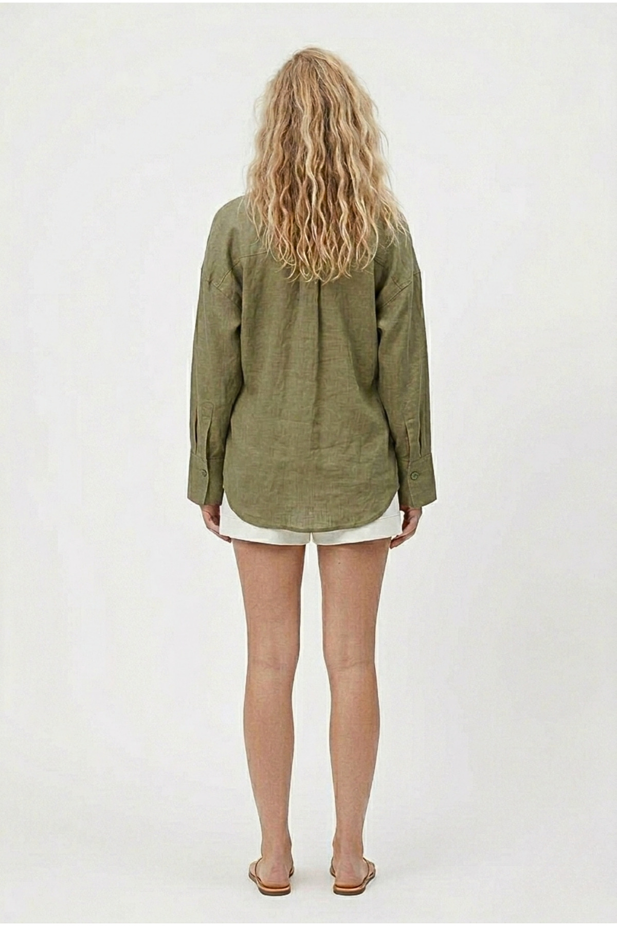 Shiron Sportswear&Company  Kadın Haki Oversize Keten Gömlek %100 Pamuk - Görsel 5