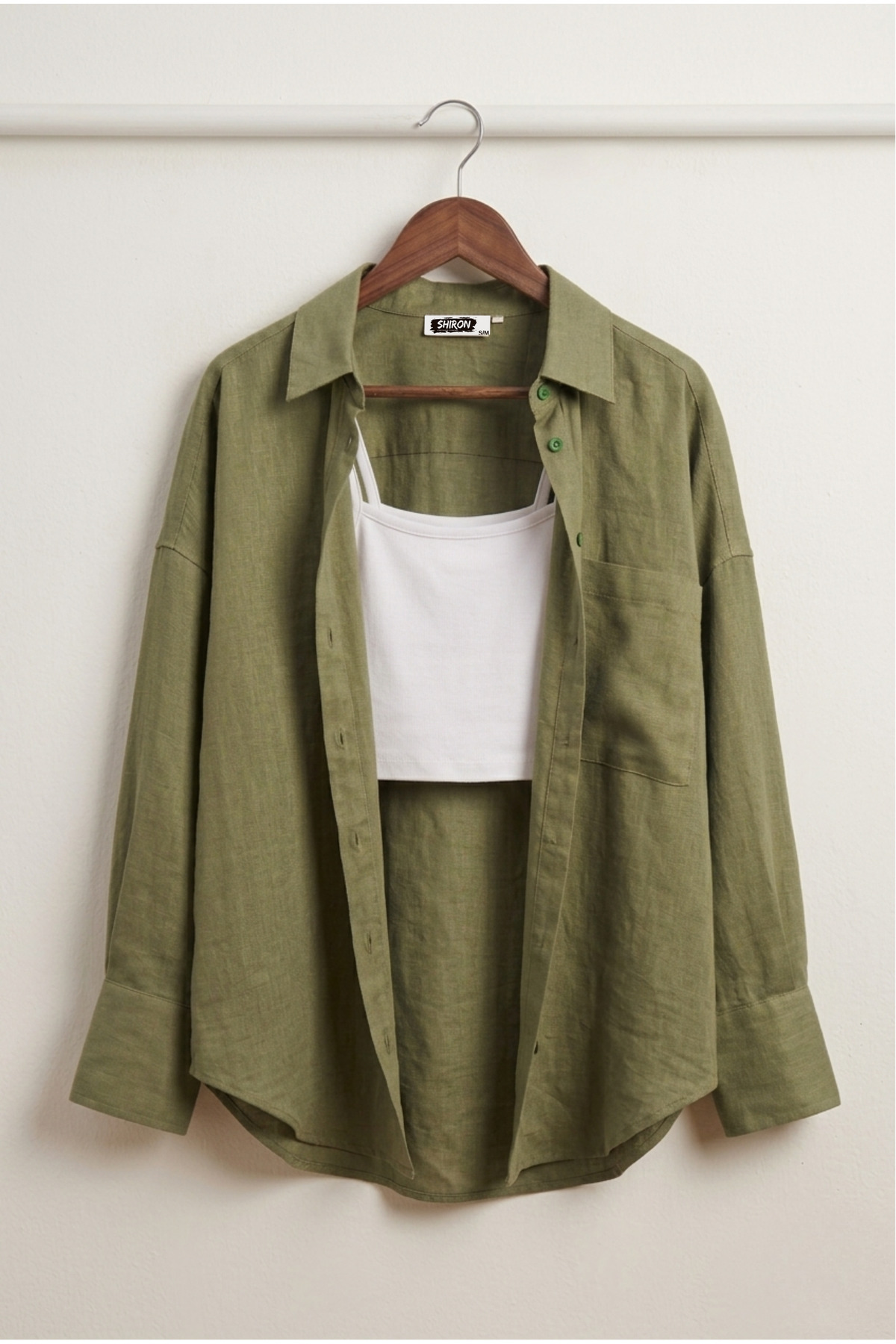 Shiron Sportswear&Company Γυναικείο Χακί Λινό Πουκάμισο Oversize 100% Βαμβάκι