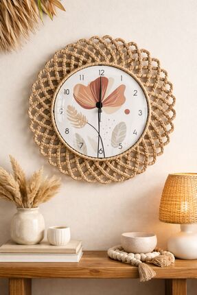 home inn Bohem Hasır Çerçeveli Duvar Saati – Modern Görünümlü Dekoratif Salon...