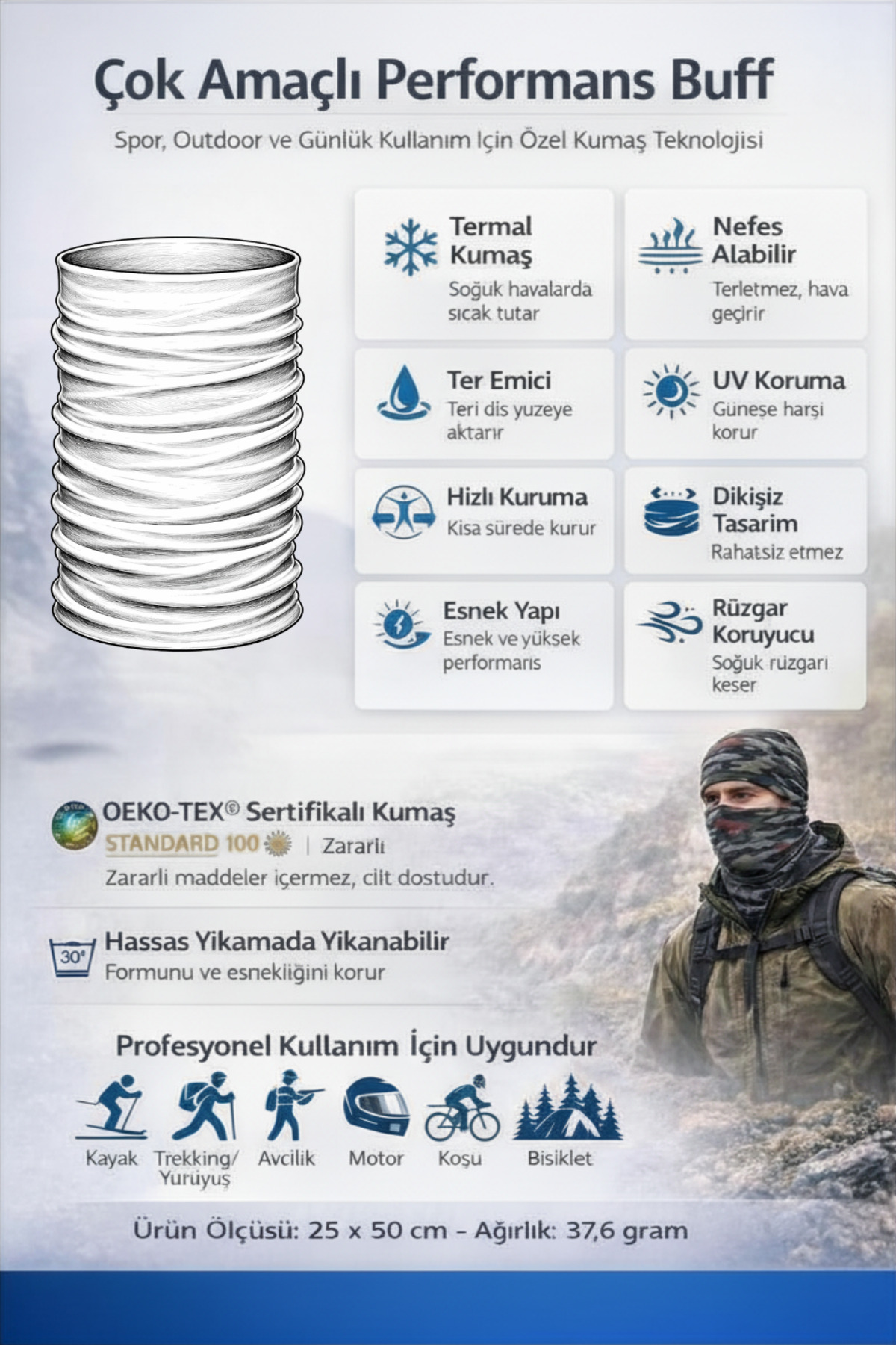 colizon Unisex Termal Buff Boyunluk - UV Korumalı Balaklava Tipi Outdoor Sporcu ve Motosiklet Maskesi görsel 3