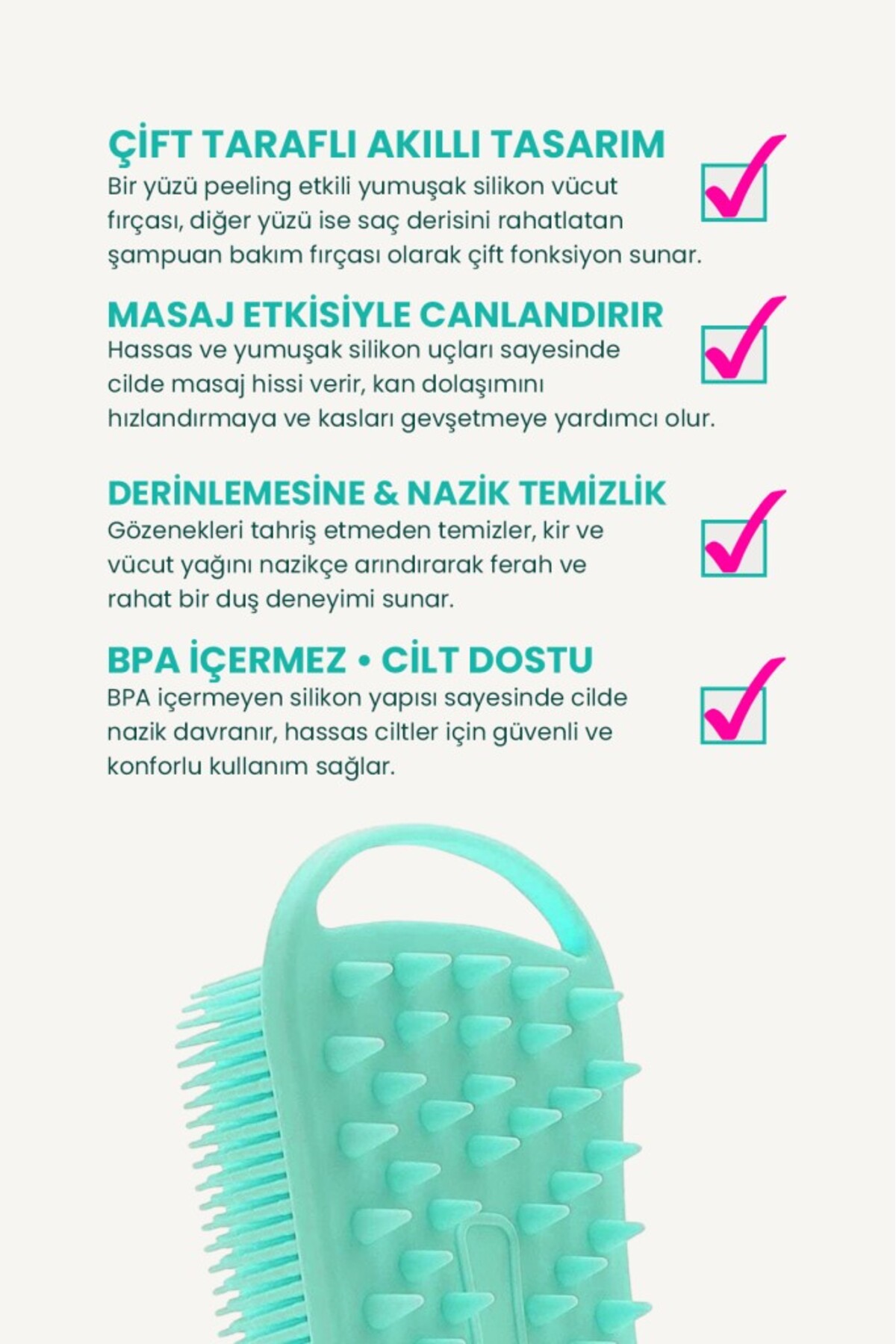 Çift Taraflı Silikon Vücut Ve Saç Bakım Fırçası, Saç Ve Vücut Derisine Masaj Yapan Şampuan Tarağı — poptarakyesil — تصویر 3 از 5