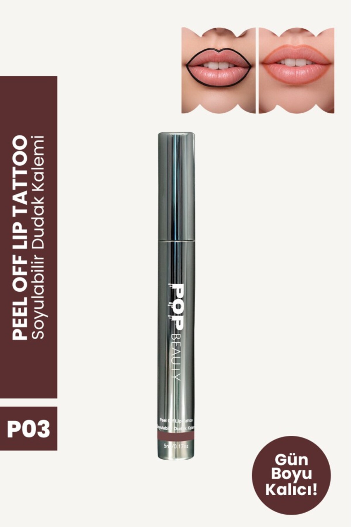 POP Beauty Soyulabilir Dudak Kalemi - Peel-Off Lip Tattoo, P03, KAHVERENGİ 8684415590321 - Fiyatı, Yorumları