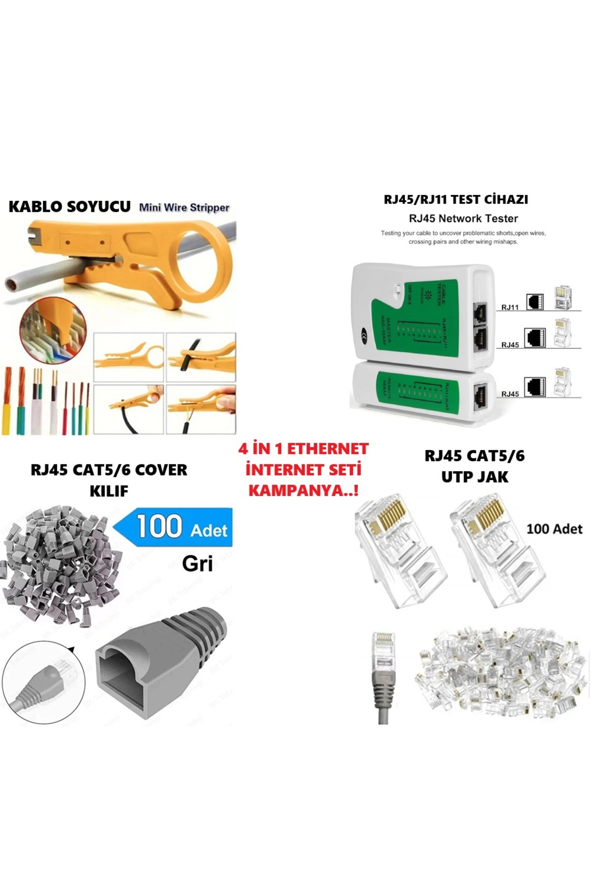 4 in 1 Set4 100 Adet Cat5/6 8p8c Jak + Kablo Soyucu + Rj45 Rj11 Test Cihazı + 100 Adet Cover Kılıf