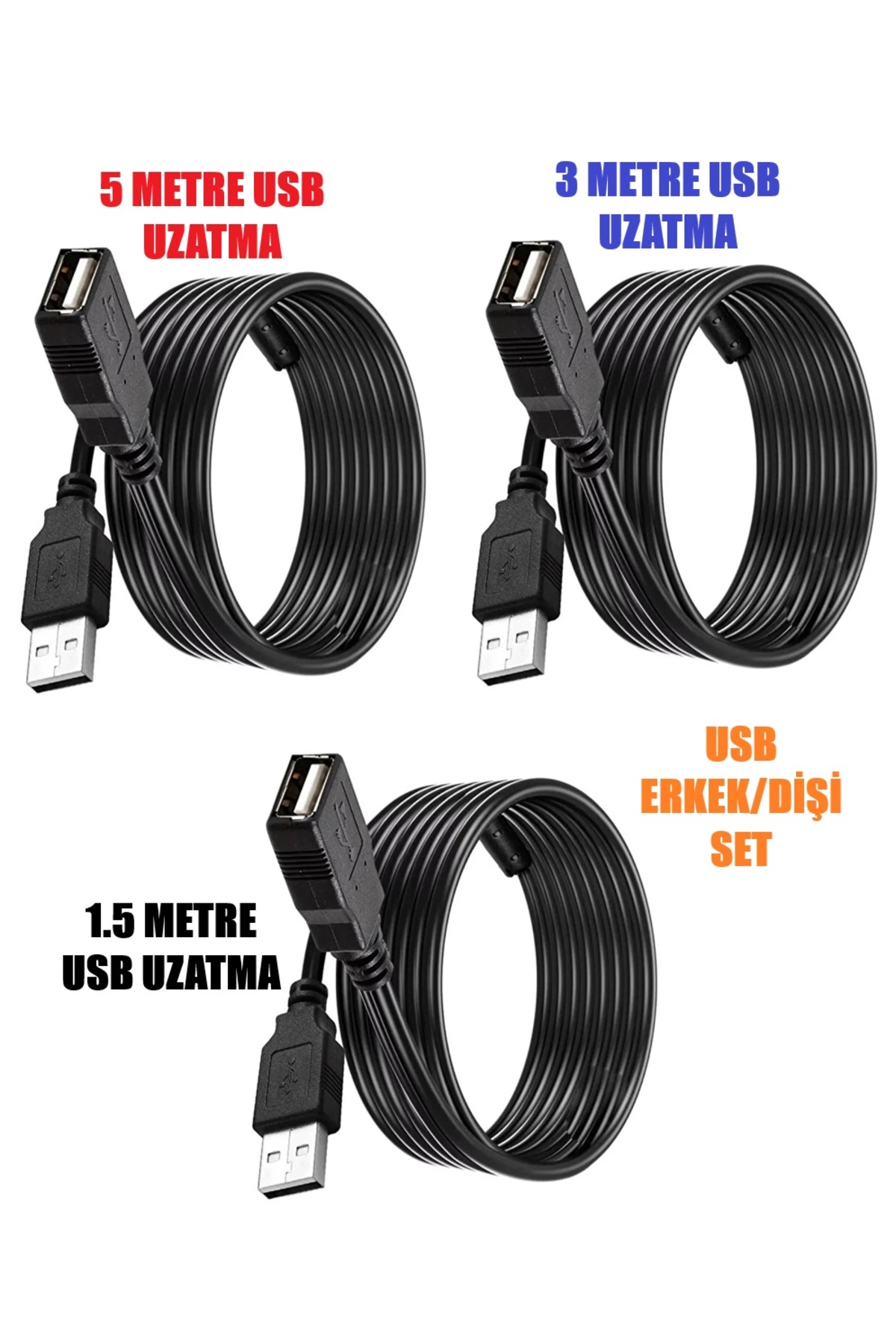 3in1 5 Metre Usb Uzatma + 3 Metre Usb Uzatma + 1.5 Metre Usb Uzatma High Speed Usb 2.0 Gerçek Kablo